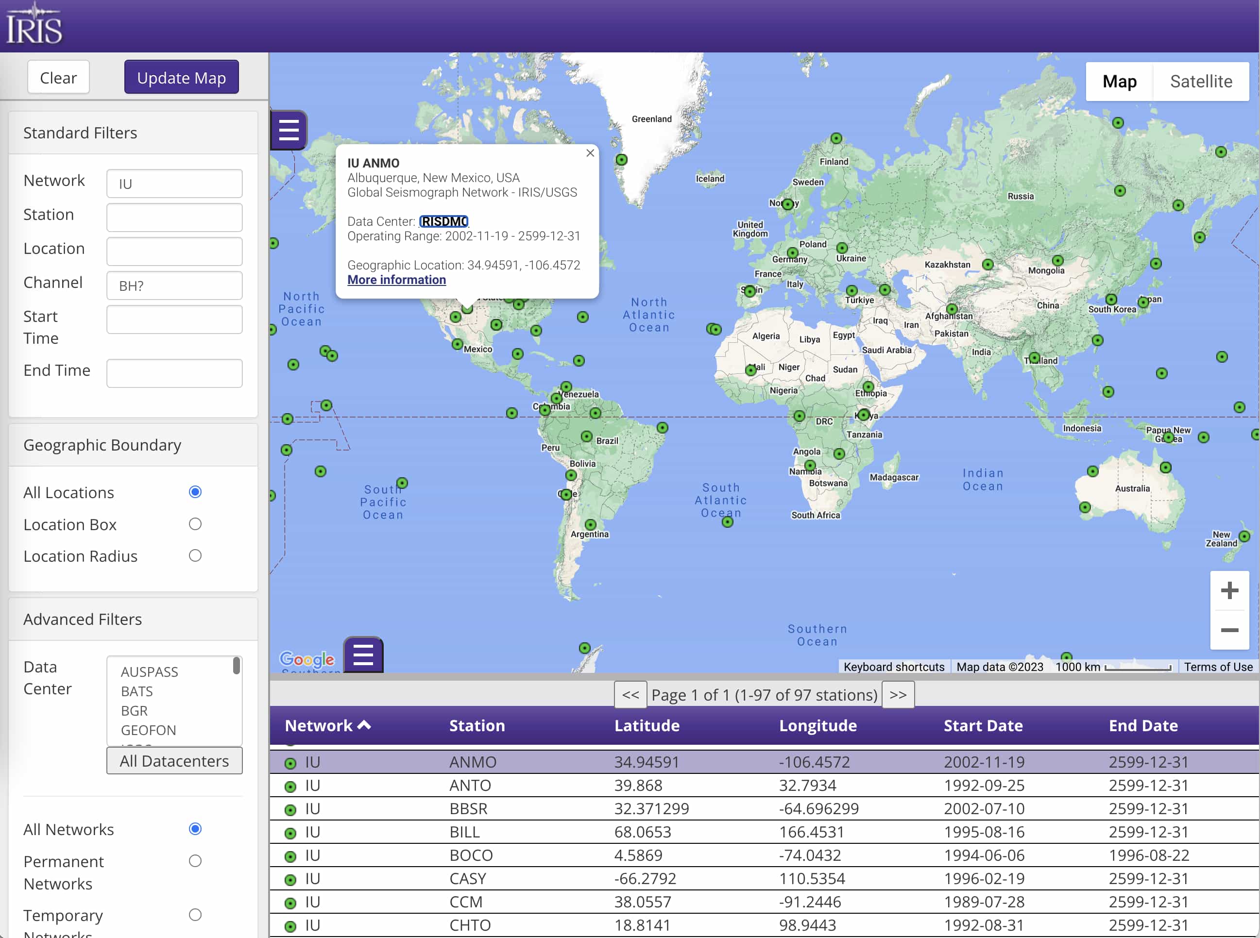 "EarthScope SAGE GMAP 查看 IU.ANMO 台站的基本信息"