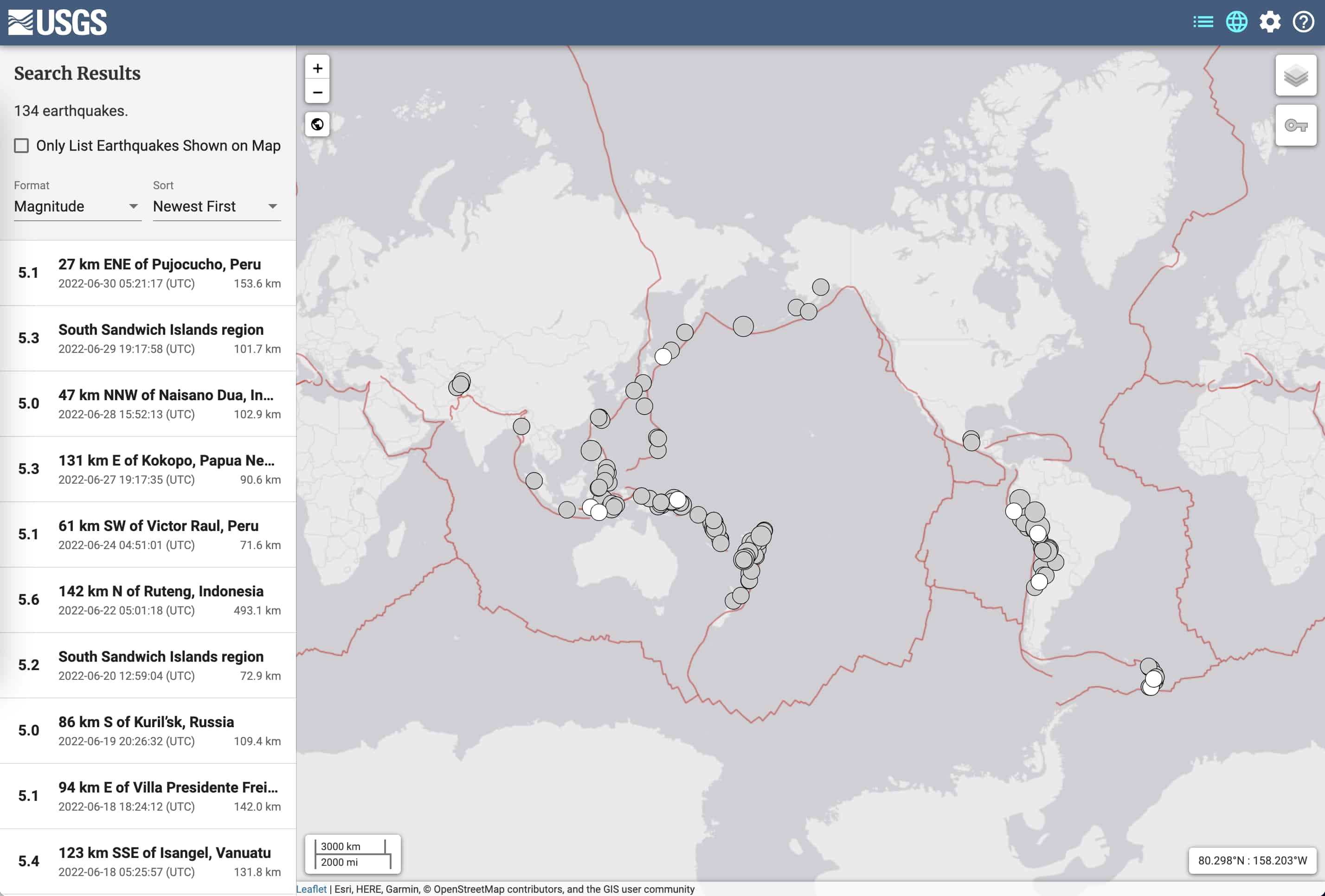 "USGS 地震目录在线地图"